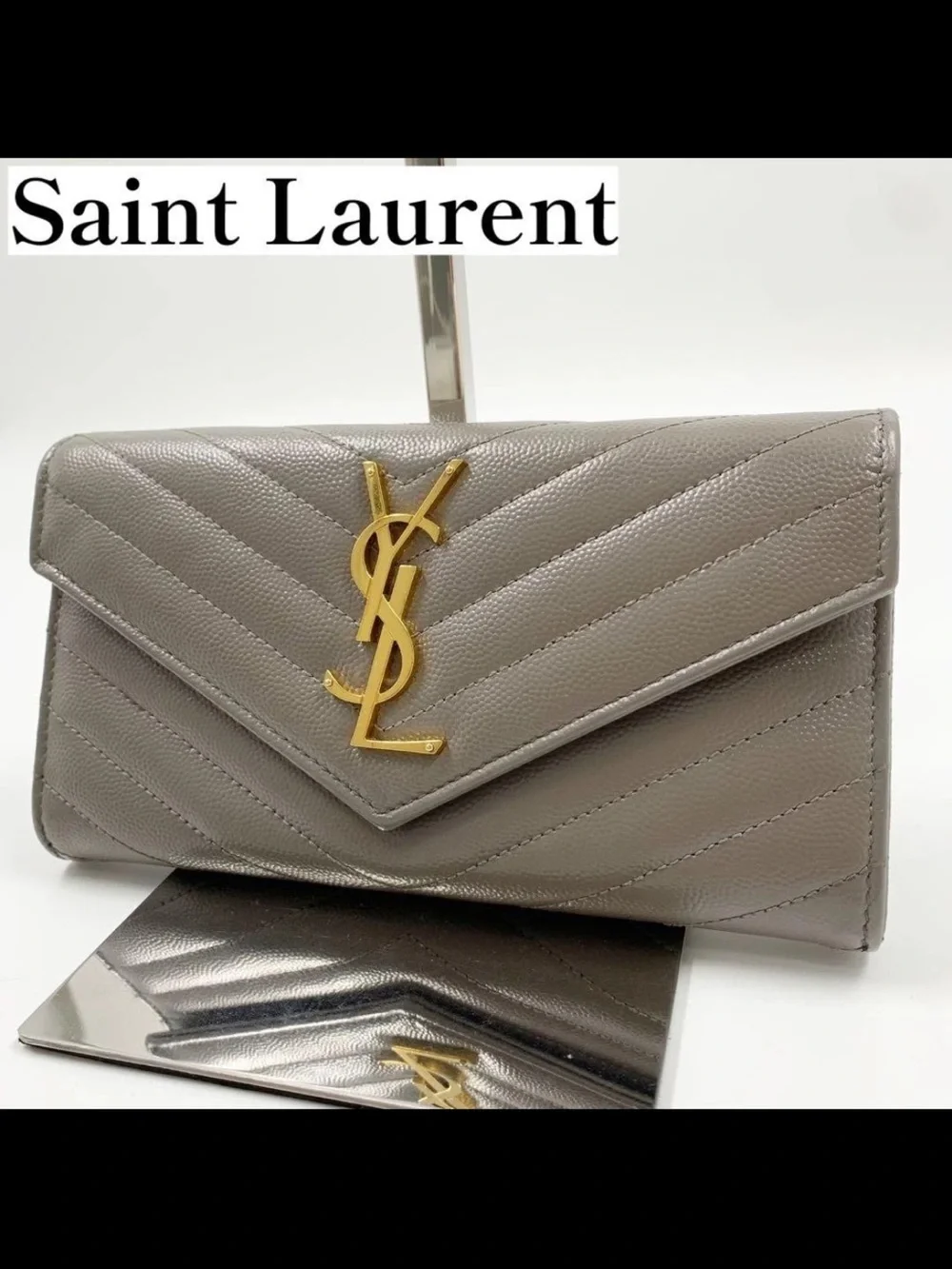 Saint Laurent Gray Quilted Envelope Wallet with Gold YSL Signature
